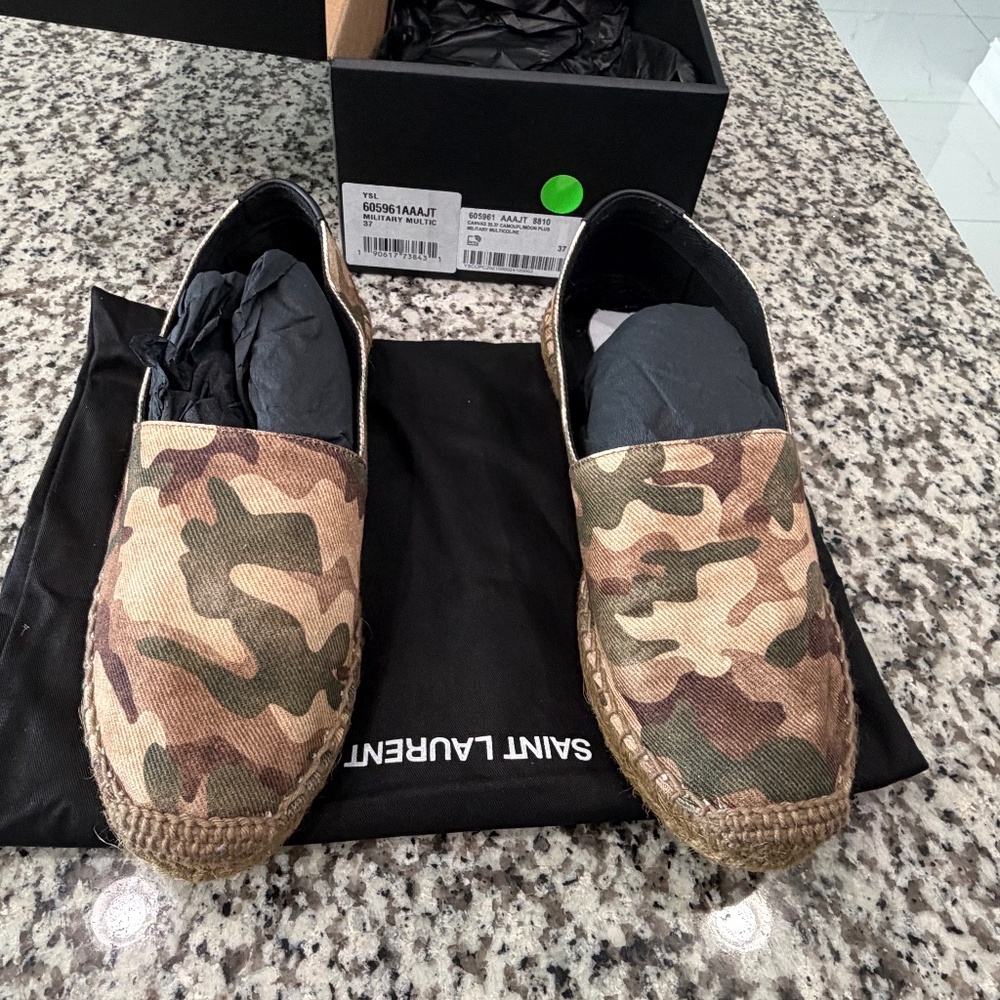 Saint Laurent Canvas Camouflage Camo Khaki Espadrilles Size 37 EU/Size 7 US